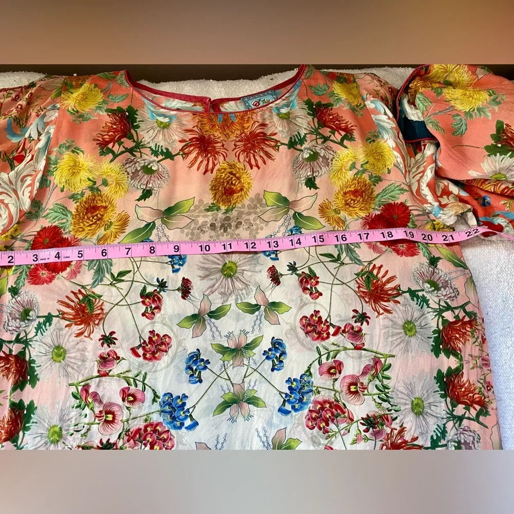 Johnny Was Coral Floral Silk Tunic with Teal & Cream Accents - Picture 14 of 16